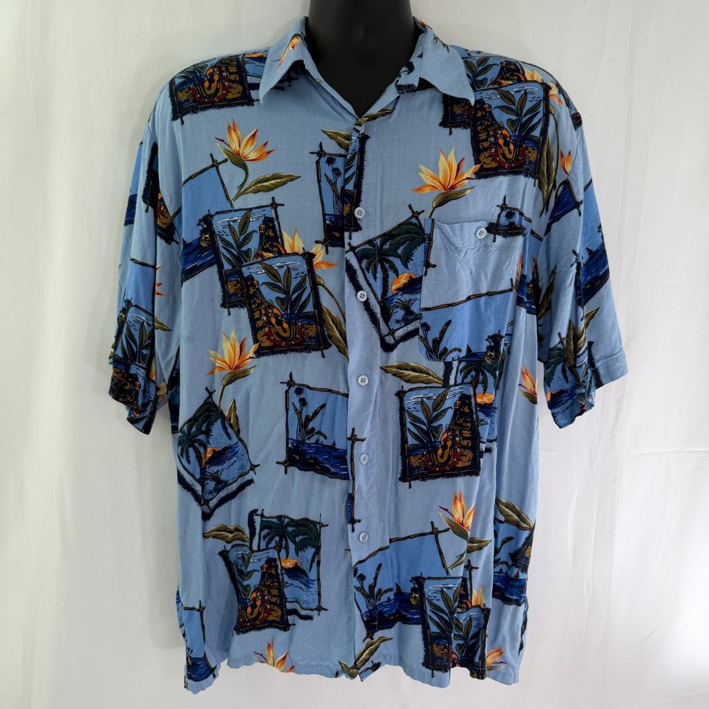 Puritan Mens Large Blue Tropical Aloha Hawaiian Shirt Rayon Palm Tree Floral 536